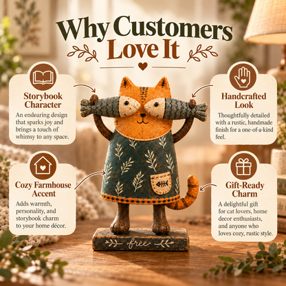 🐱 Whimsical Fish-Loving Cat – Rustic Farmhouse Tabletop Decor