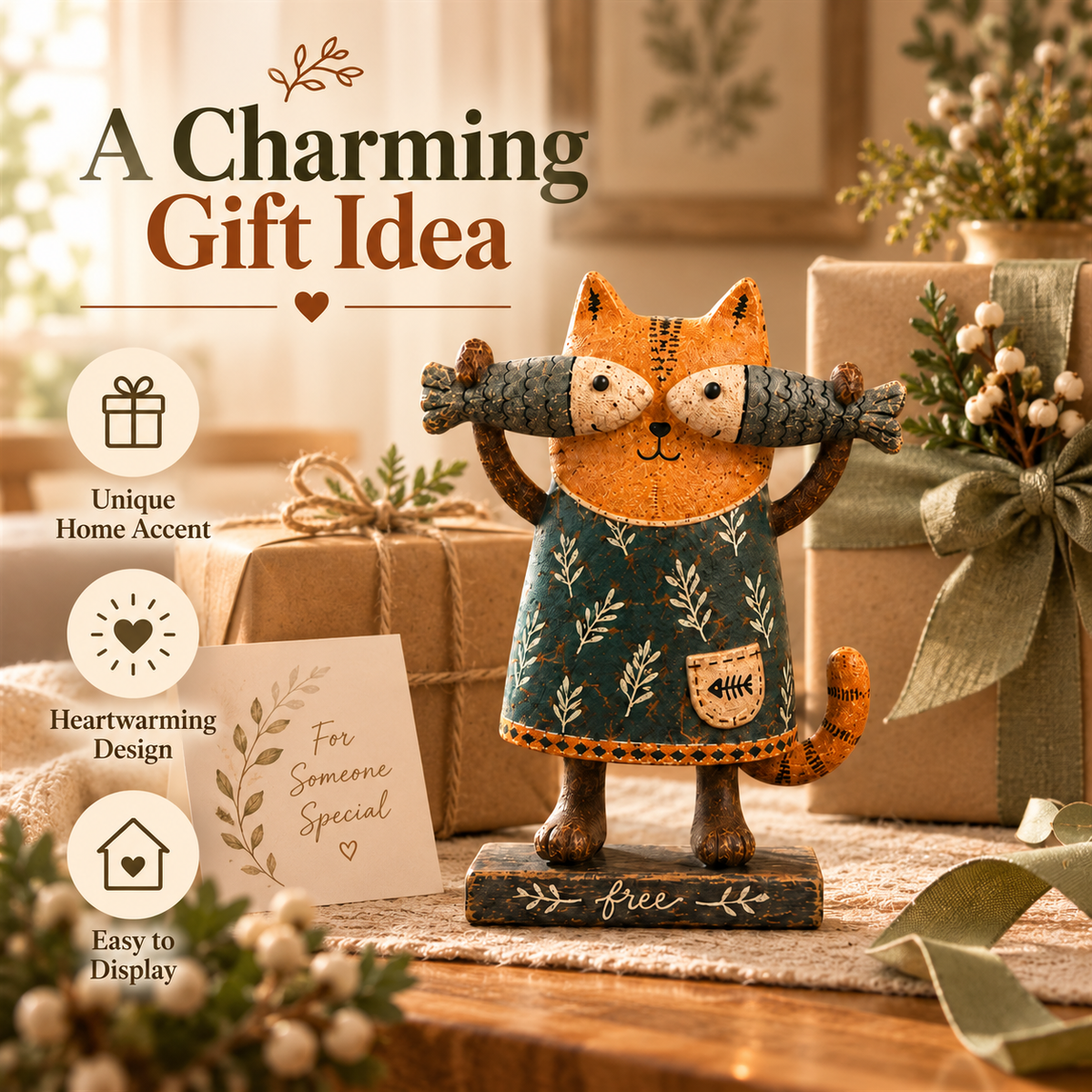 🐱 Whimsical Fish-Loving Cat – Rustic Farmhouse Tabletop Decor