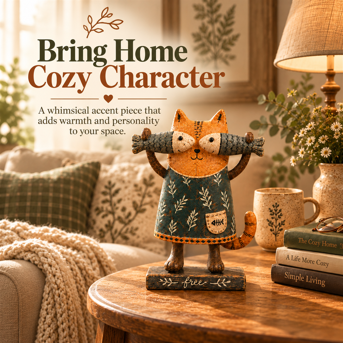 🐱 Whimsical Fish-Loving Cat – Rustic Farmhouse Tabletop Decor