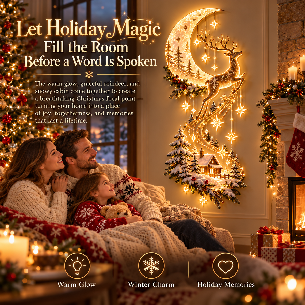 Family enjoying Christmas beside the Reindeer Under the Stars wall display
