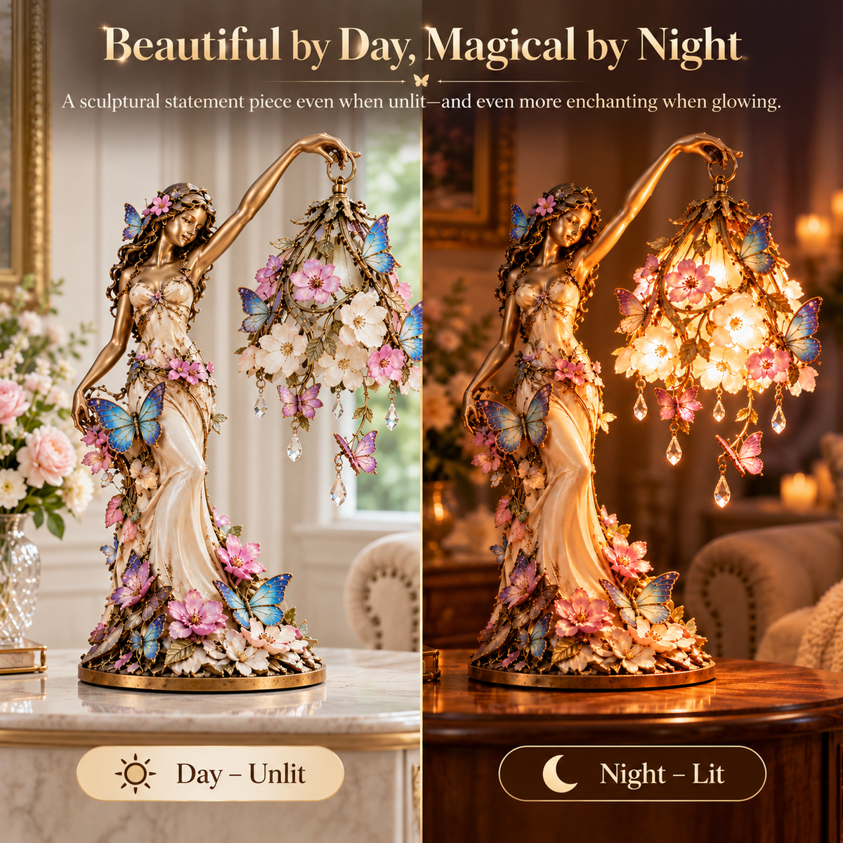 Butterfly Lady lamp day and night comparison