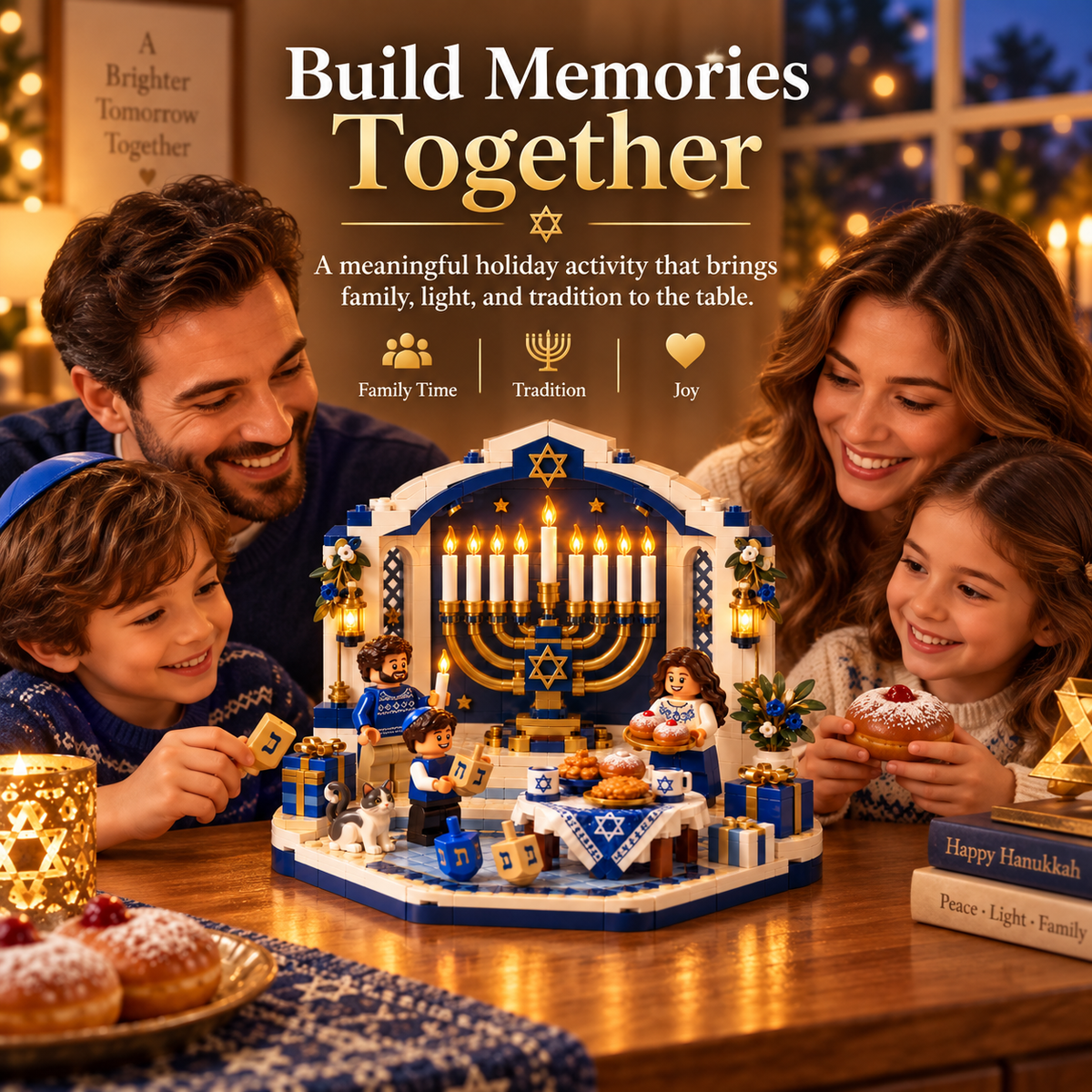 Family building Hanukkah display together