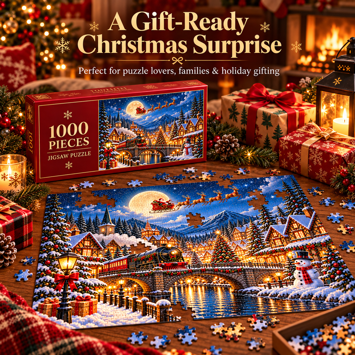 🎅 1000-Piece Christmas Village Puzzle – A Cozy Holiday Night to Build Together