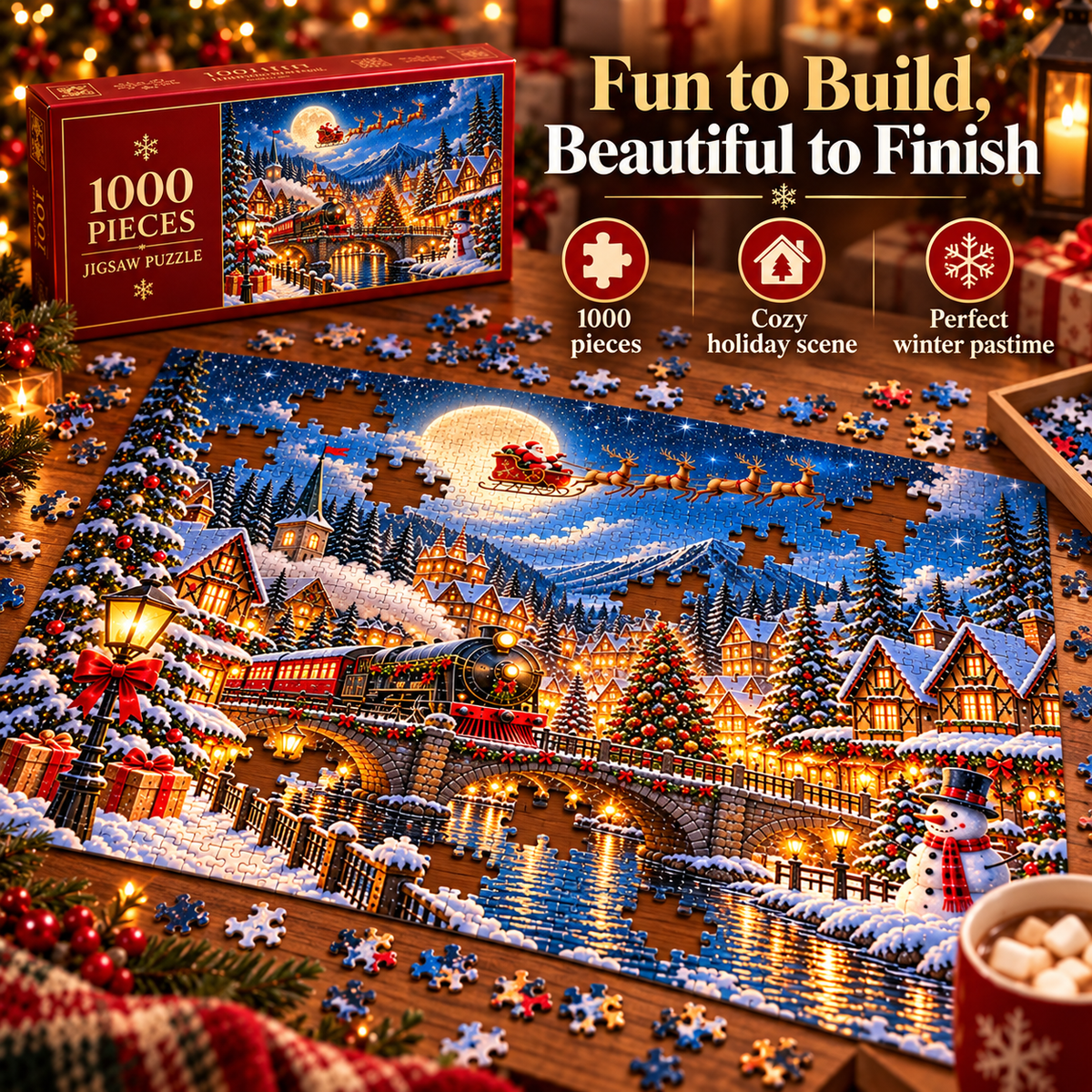 🎅 1000-Piece Christmas Village Puzzle – A Cozy Holiday Night to Build Together