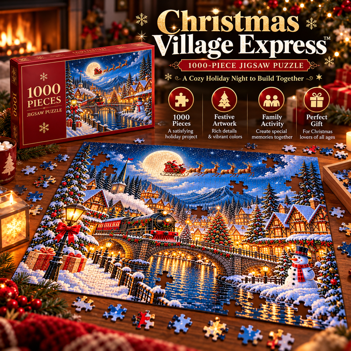 🎅 1000-Piece Christmas Village Puzzle – A Cozy Holiday Night to Build Together