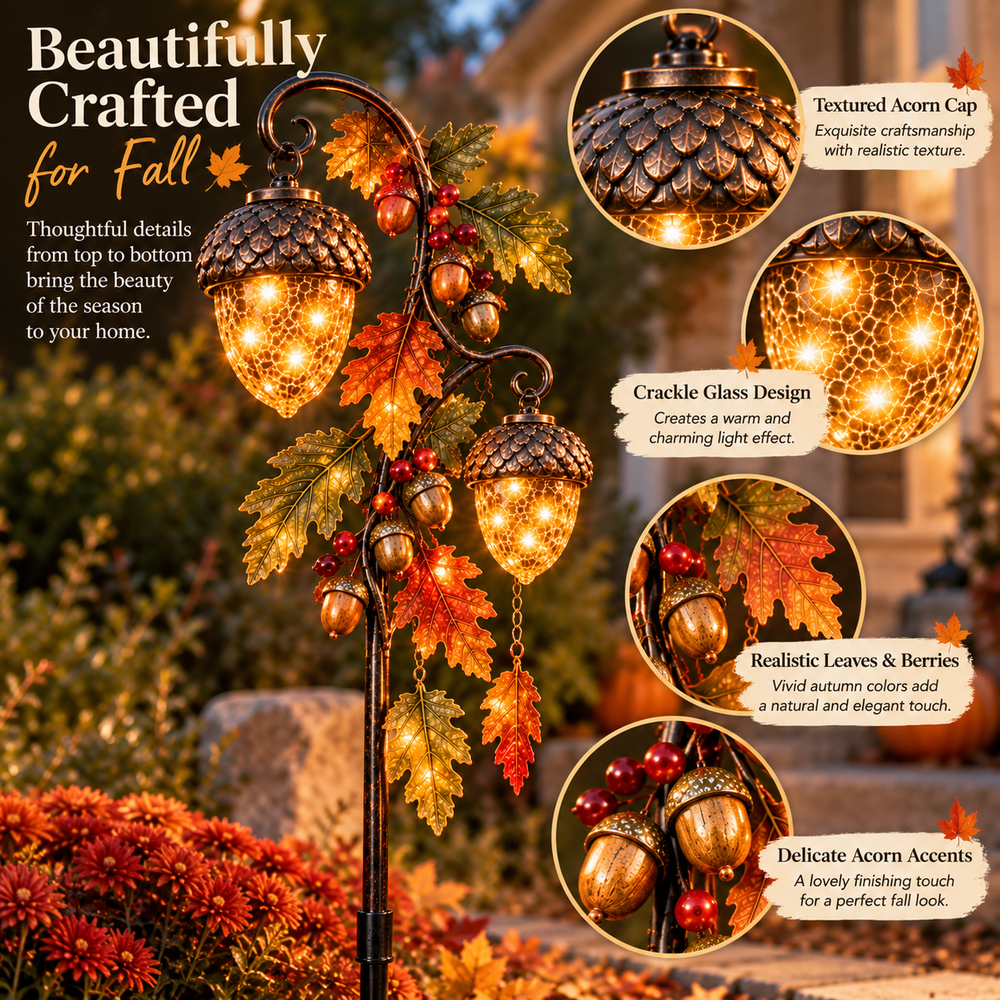 Close views of textured acorn caps, crackle-style lanterns, leaves and berry accents
