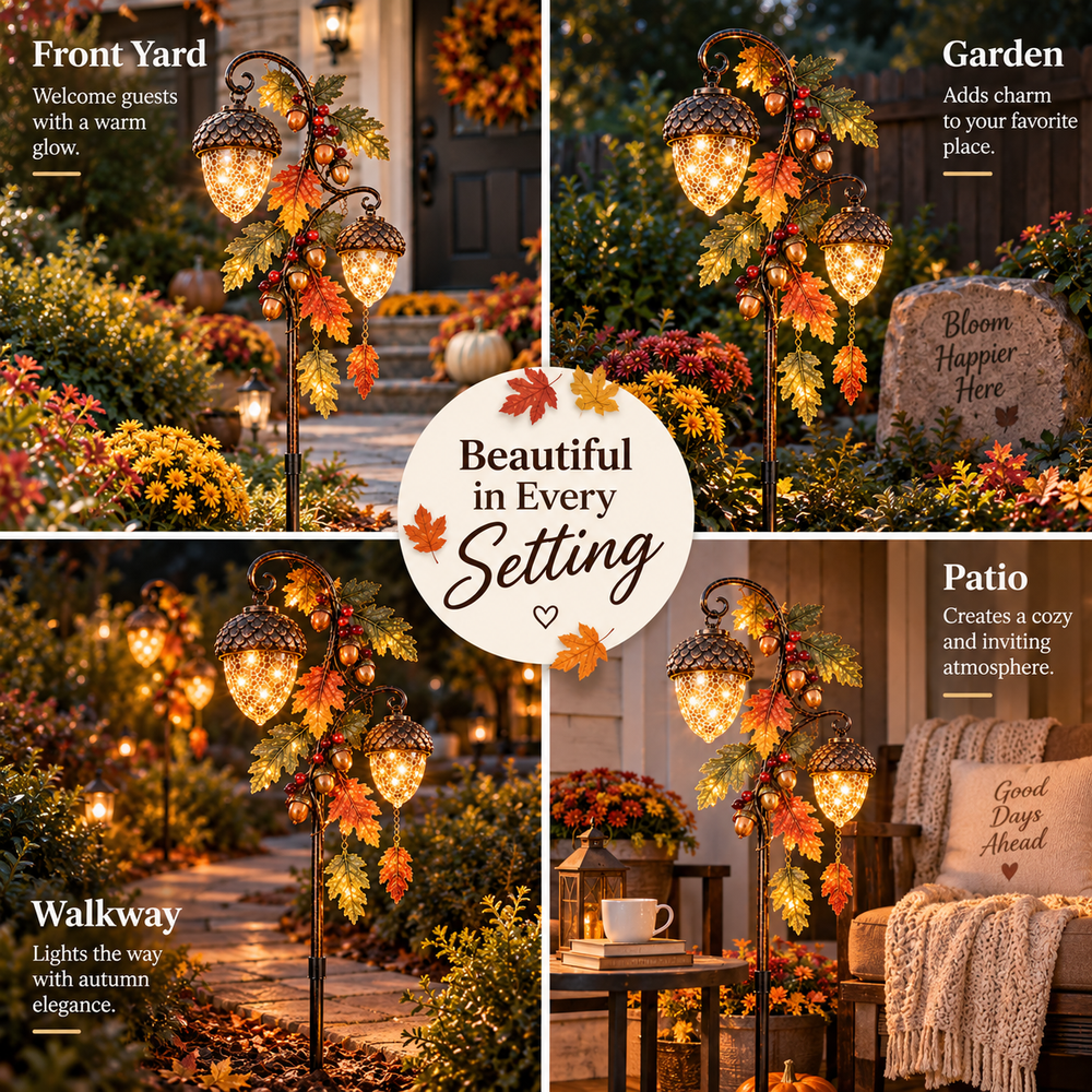 Existing product image showing acorn lights in front yard, garden, walkway and patio settings
