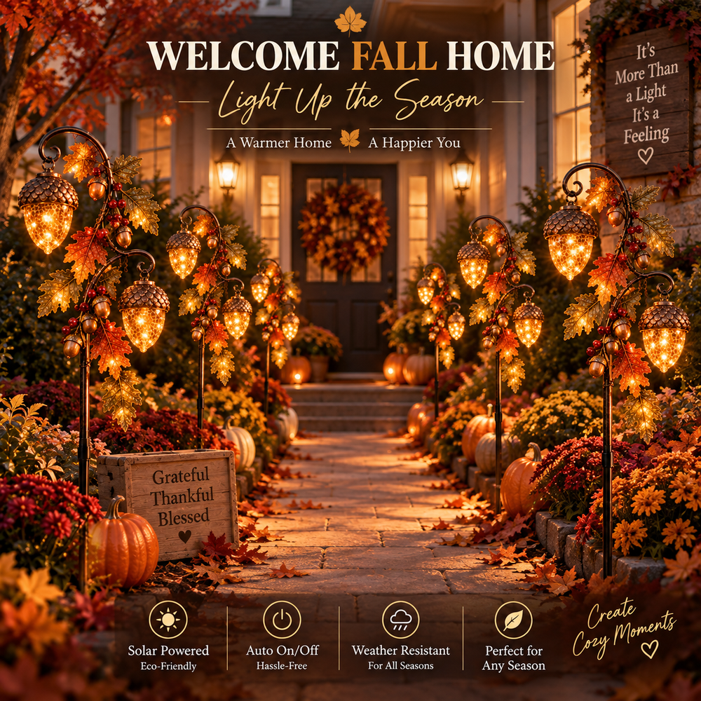 Multiple glowing acorn garden stakes decorating both sides of a fall walkway
