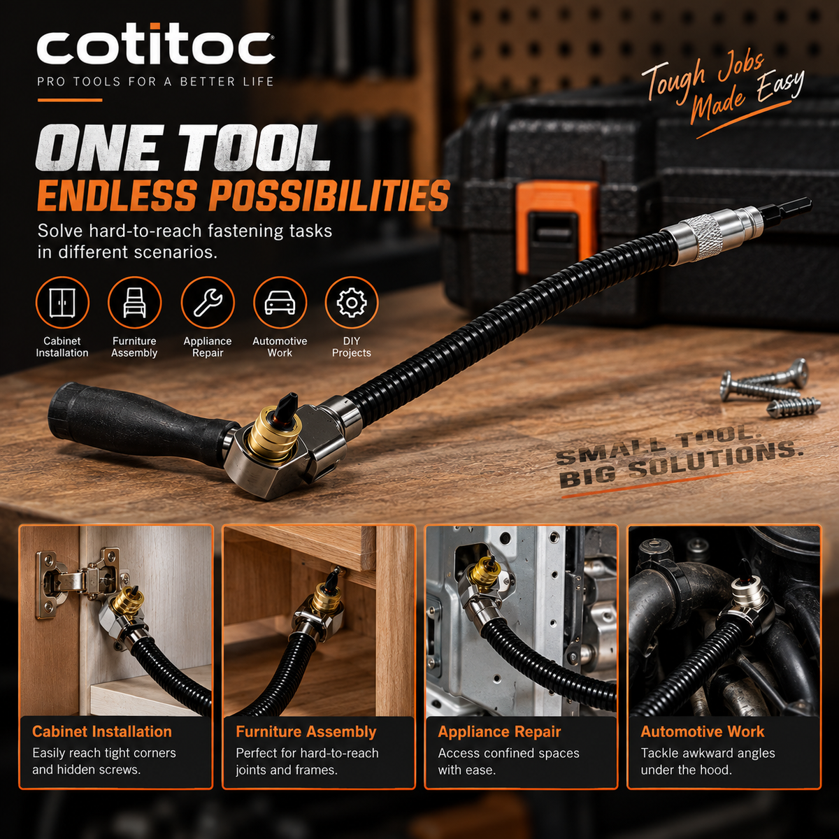 Right angle drill attachment used for cabinets furniture appliance repair and automotive work