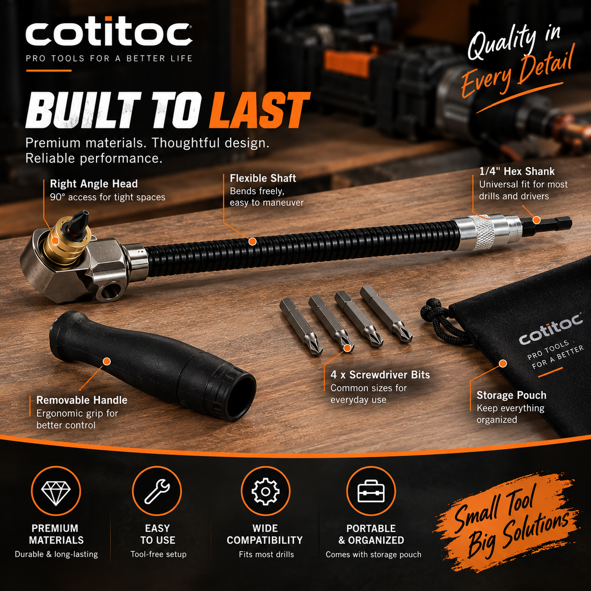 Right angle drill attachment component and feature overview