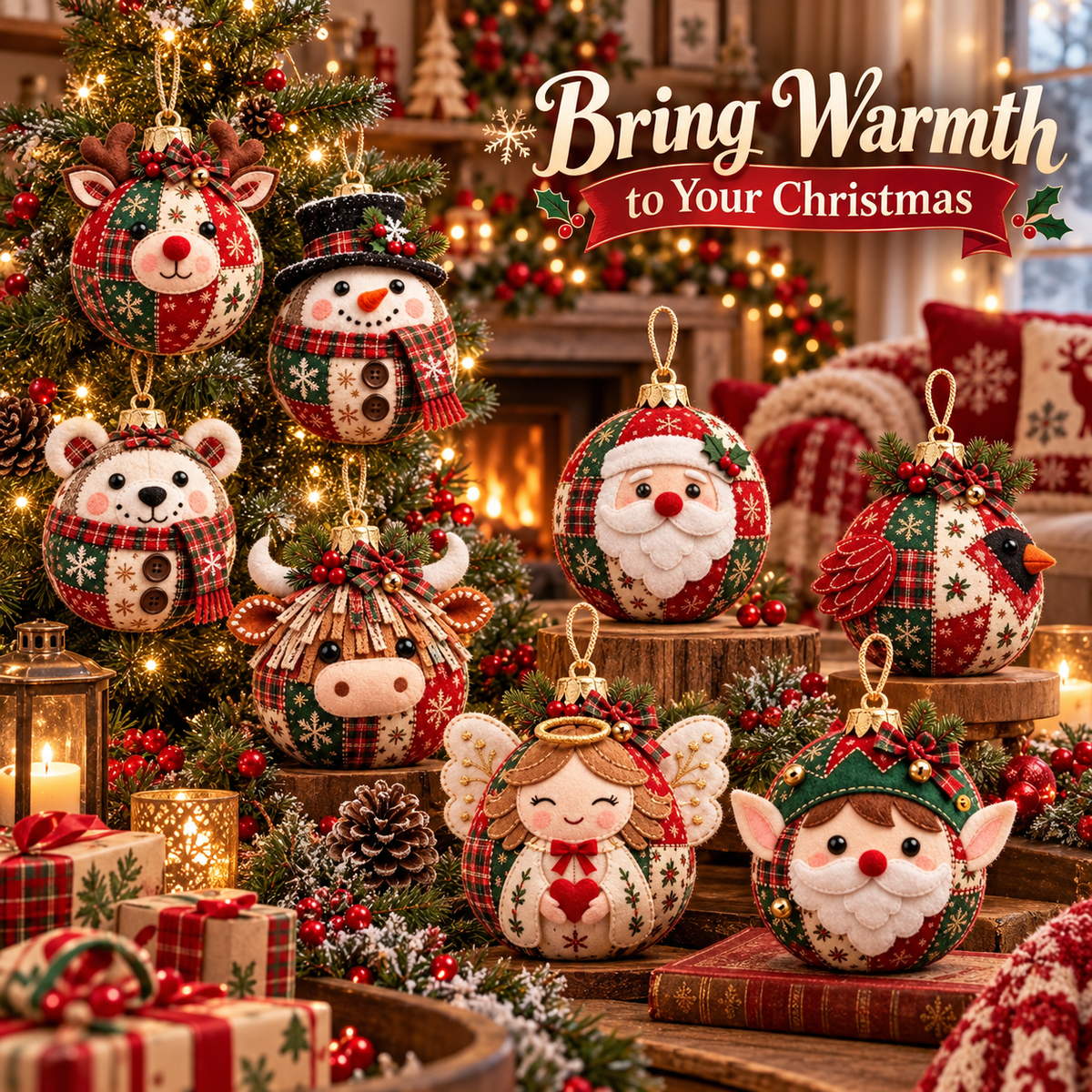 🎄 Cozy Patchwork Christmas Ornament Collection– Handmade Holiday Characters