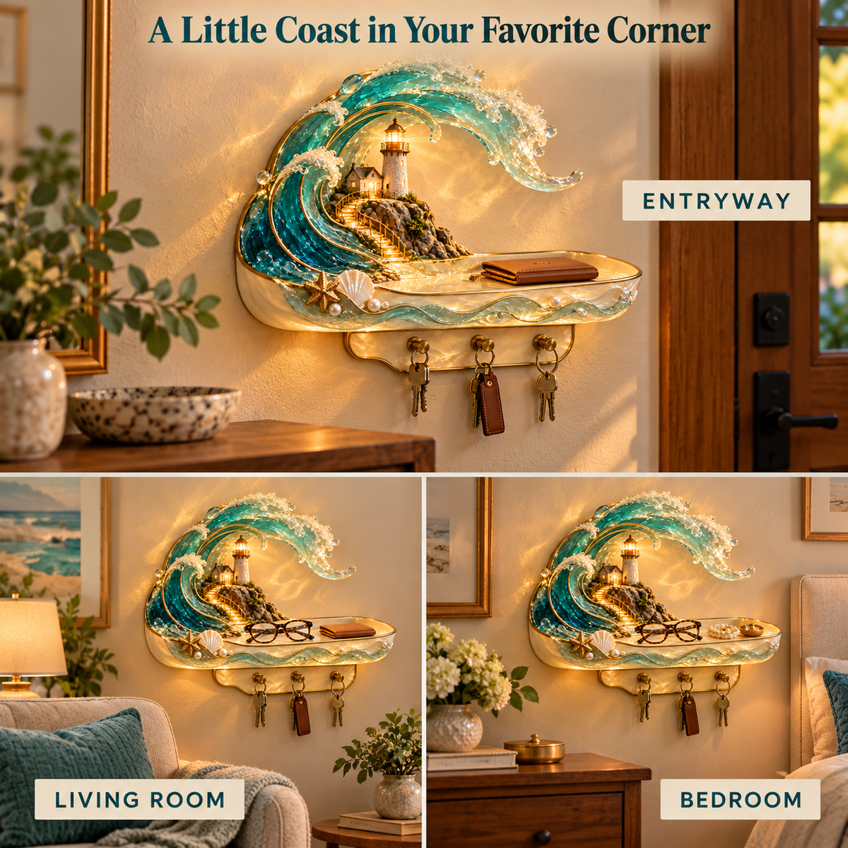🌊 Coastal Glow Lighthouse Wall Shelf – ✨ Lighted Ocean Wave Decor with Storage Tray & Key Hooks