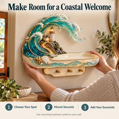 🌊 Coastal Glow Lighthouse Wall Shelf – ✨ Lighted Ocean Wave Decor with Storage Tray & Key Hooks