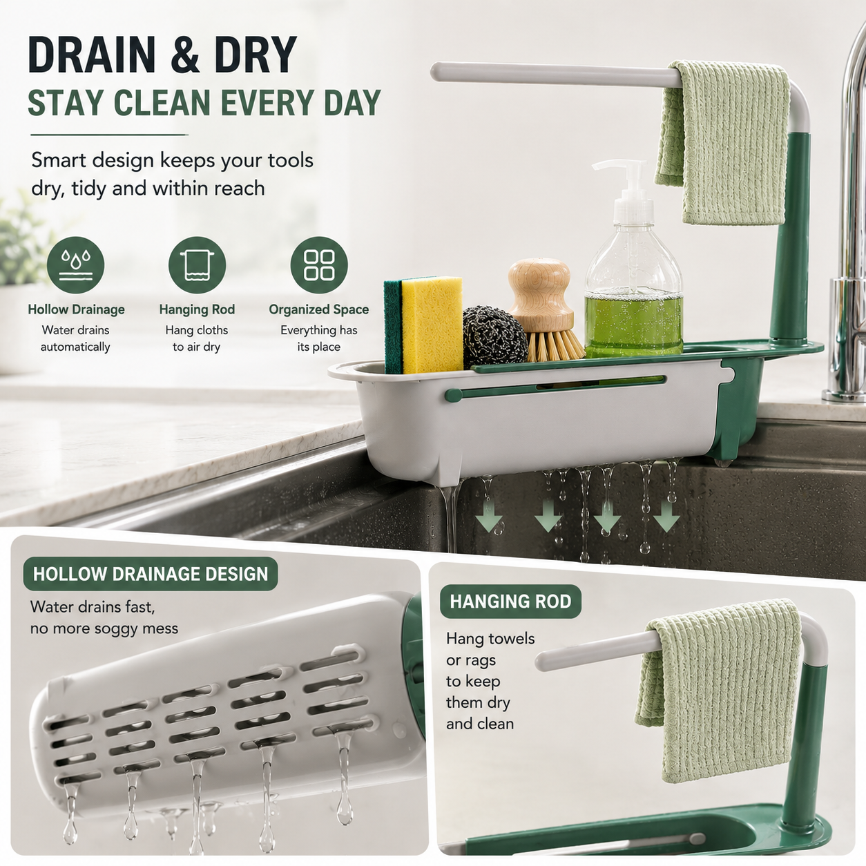 🔥LAST DAY 50% OFF - ✨ Adjustable Telescopic Sink Organizer – Drain, Dry & Declutter