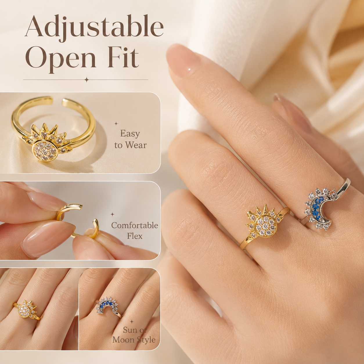 ✨ Celestial Sun & Moon Adjustable Ring Set – Sparkling Open-Fit Jewelry Gift