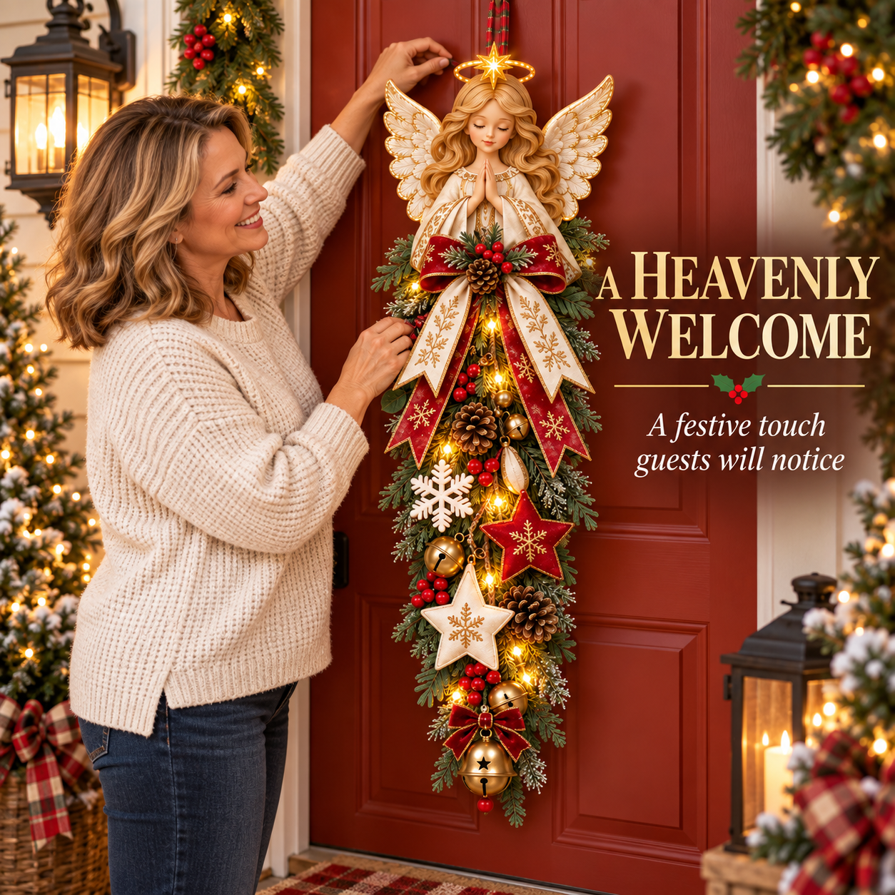 🔥Last Day 49% OFF✨👼 Lighted Angel Christmas Door Swag – A Heavenly Holiday Welcome