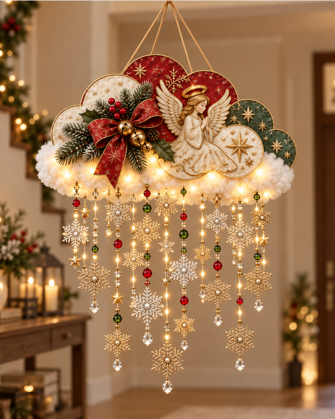 Close view of angel Christmas snowfall cloud