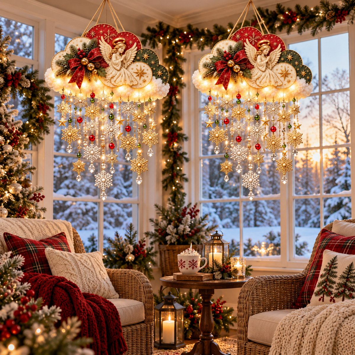 Christmas snowfall clouds in a warm winter sitting room