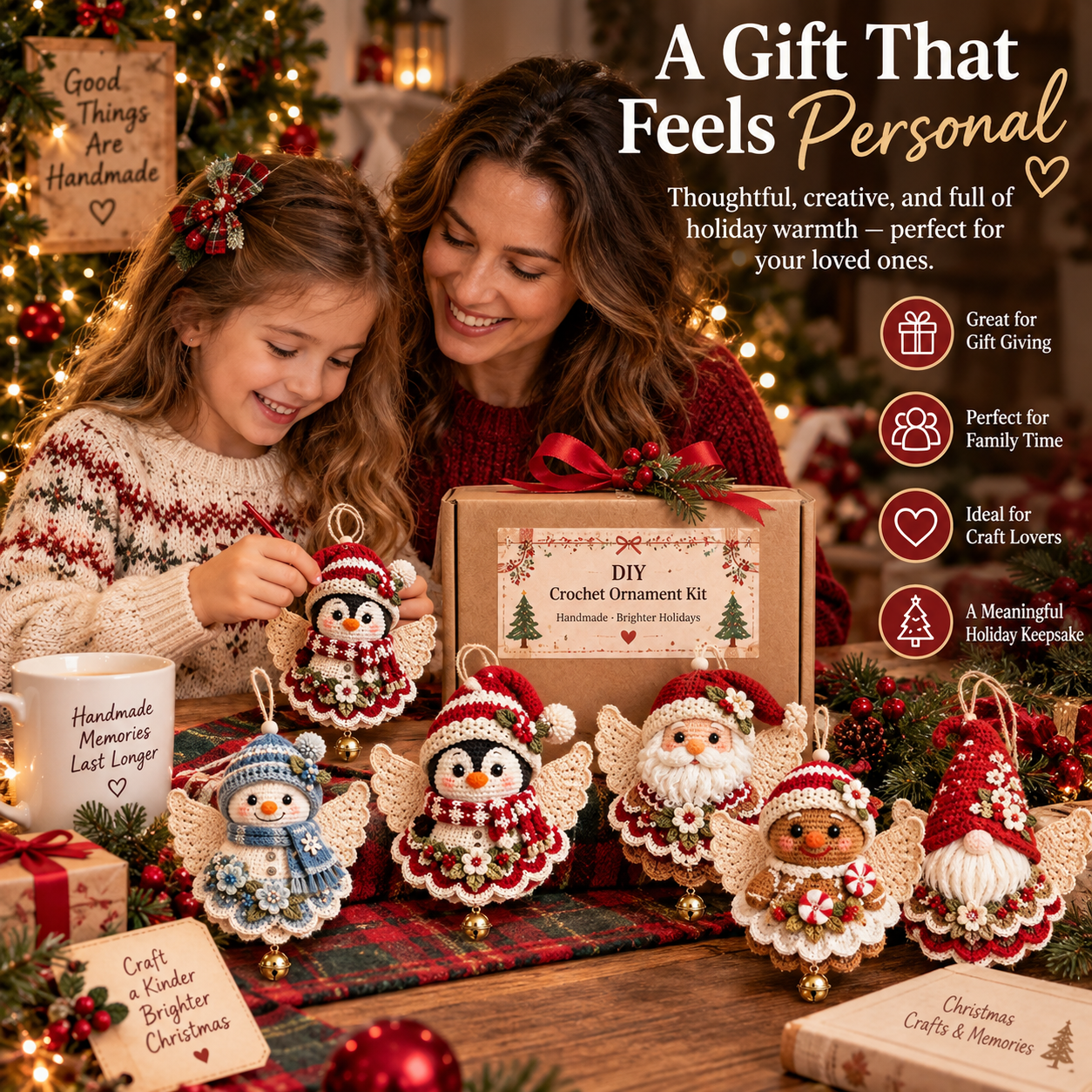 Family Making DIY Christmas Crochet Ornaments Together