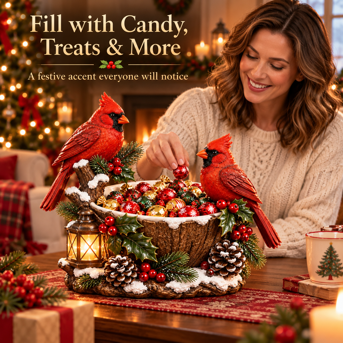 ❤️🎄 Cardinal Christmas Treat Bowl™ – Lighted Holiday Candy Bowl & Tabletop Decor