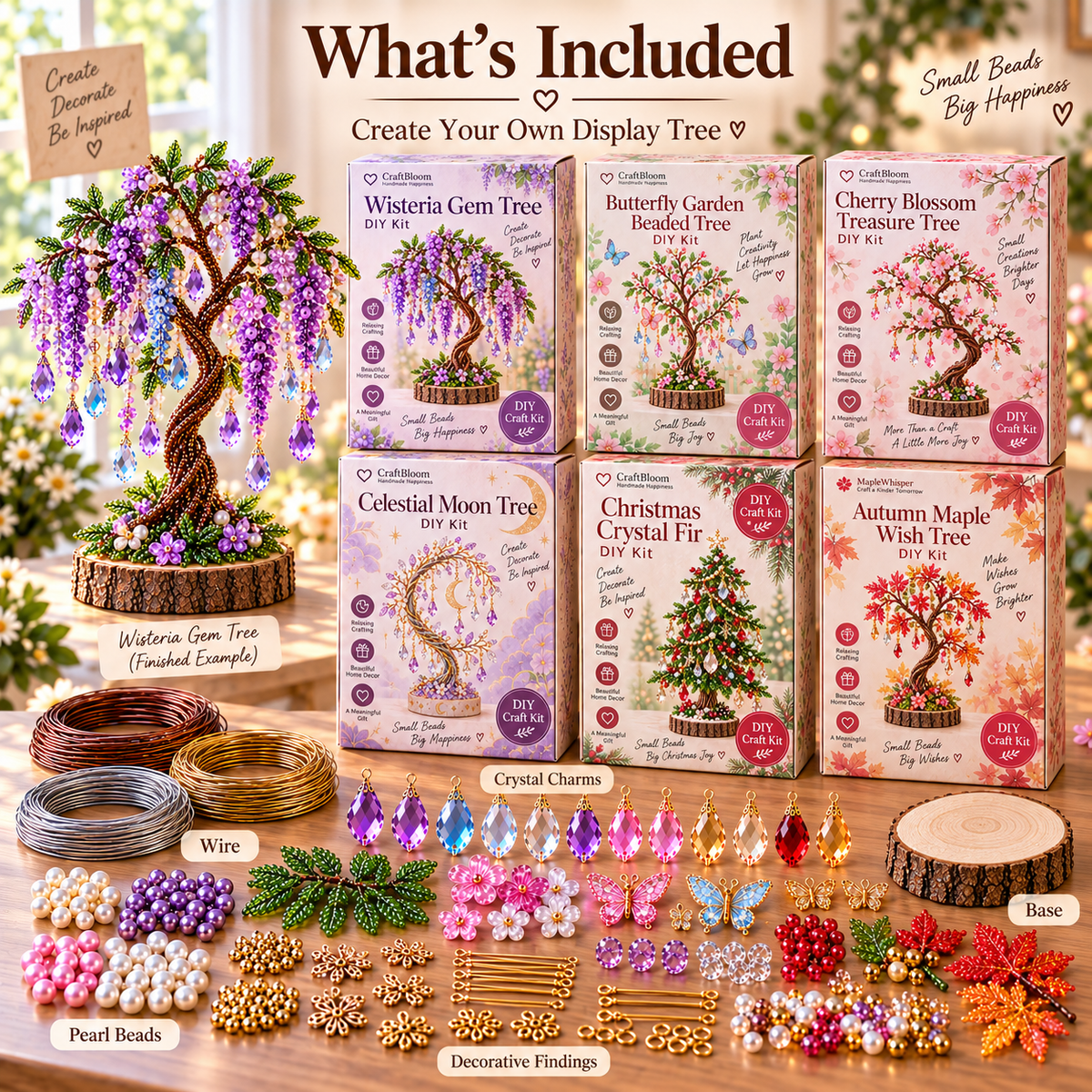 DIY beaded tree kit components including wire, beads, charms, decorative findings and display base