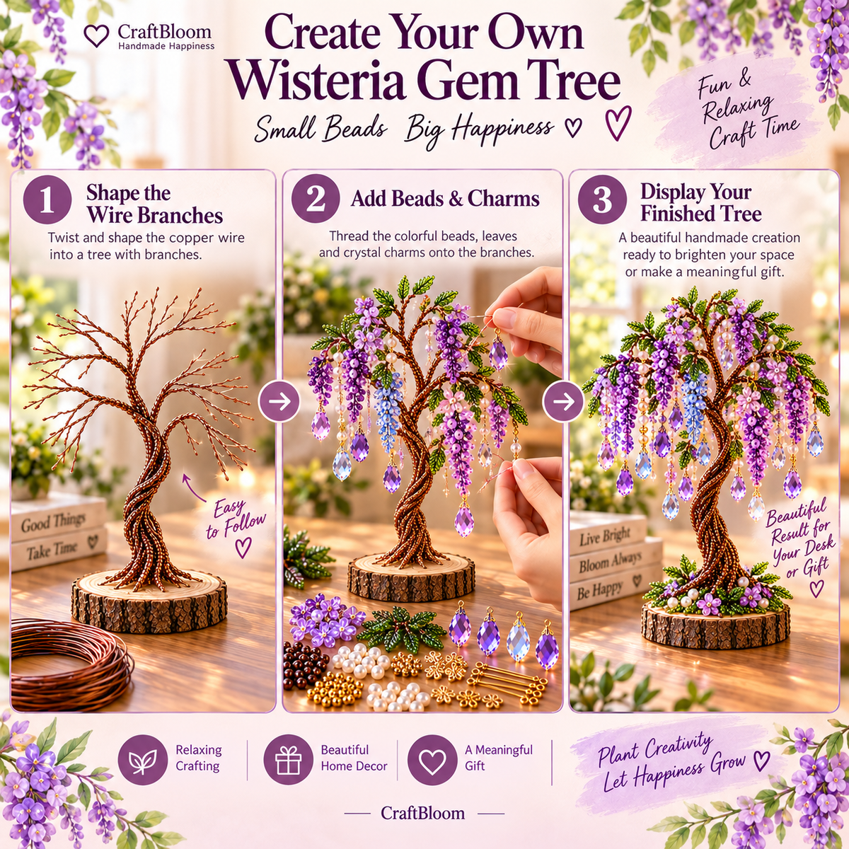 Three-step process for creating a wisteria beaded tree