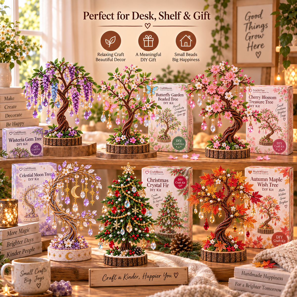 Six finished beaded tree kits displayed on desks shelves and home surfaces