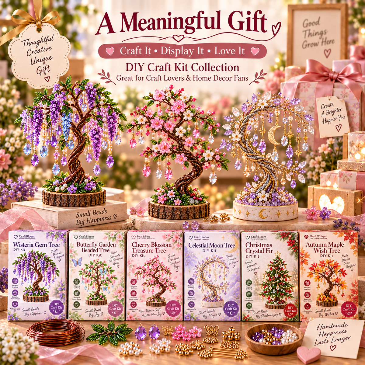 DIY beaded tree craft collection arranged as a meaningful gift display