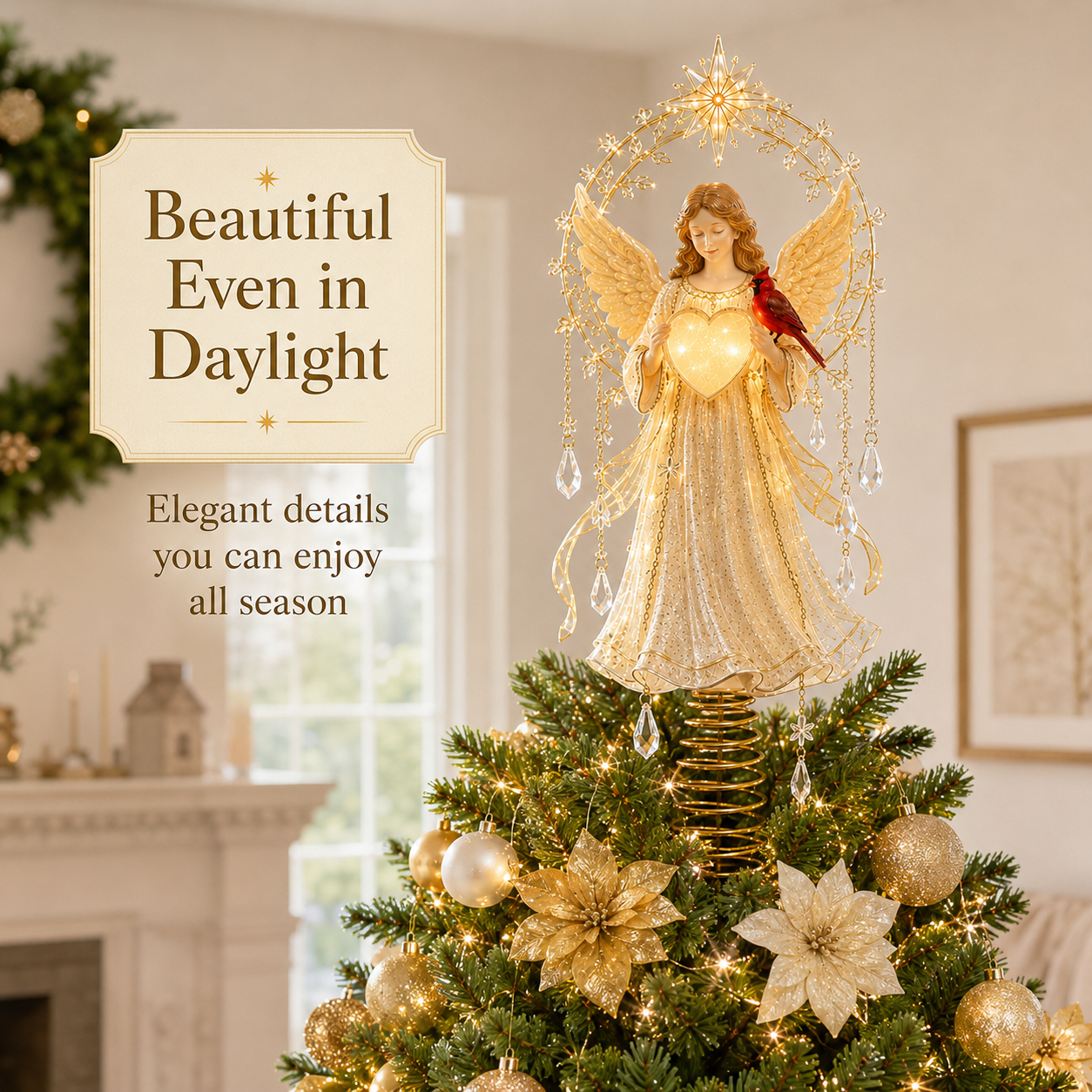 🔥Last Day 49% OFF✨ Lighted Angel Christmas Tree Topper with Cardinal & Glowing Heart