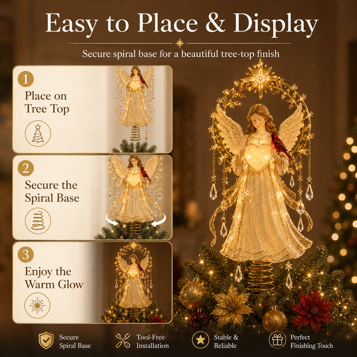 🔥Last Day 49% OFF✨ Lighted Angel Christmas Tree Topper with Cardinal & Glowing Heart
