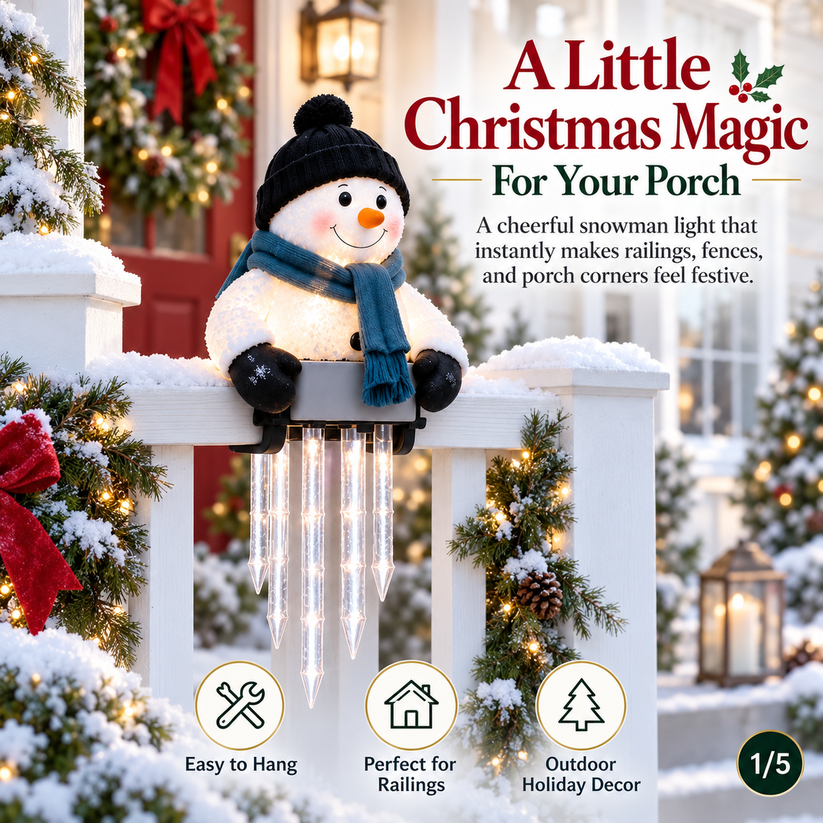 WinterGlow snowman icicle light displayed on a Christmas porch railing