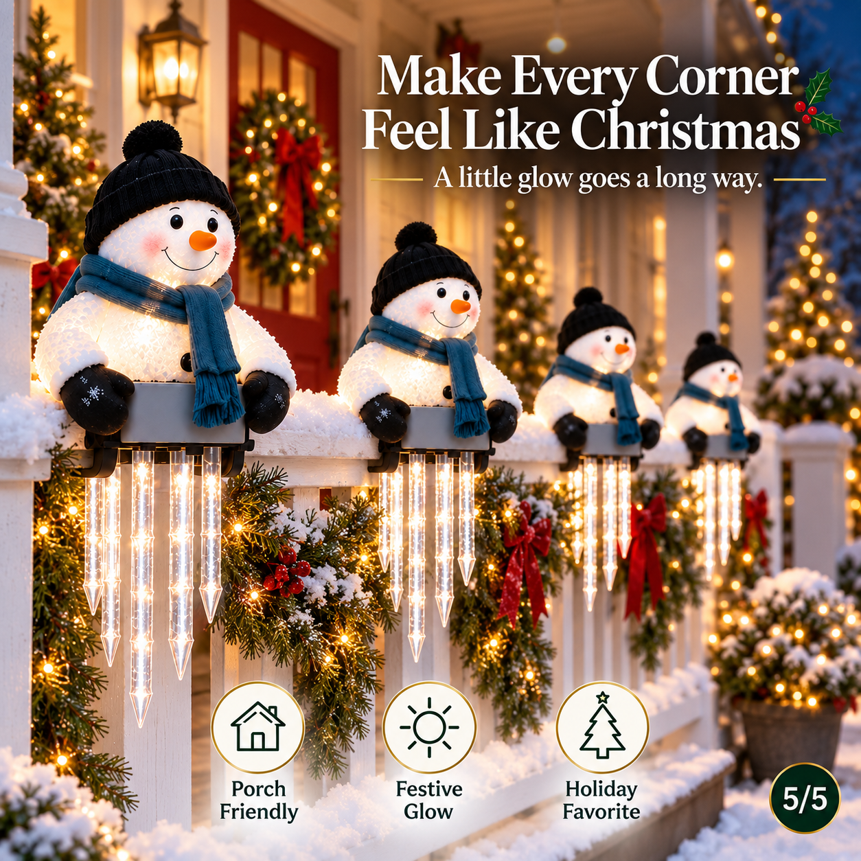 Multiple WinterGlow snowman icicle lights along a decorated porch railing