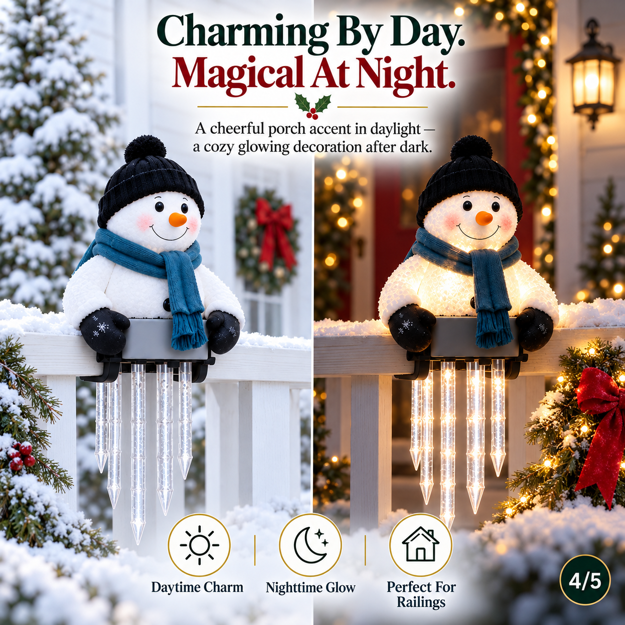 WinterGlow snowman icicle light shown during daytime and nighttime