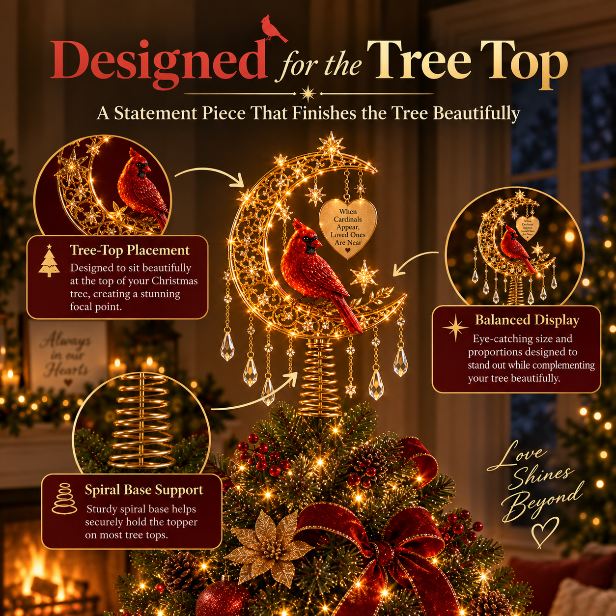 ❤️ Cardinal Heaven™ Lighted Memorial Christmas Tree Topper