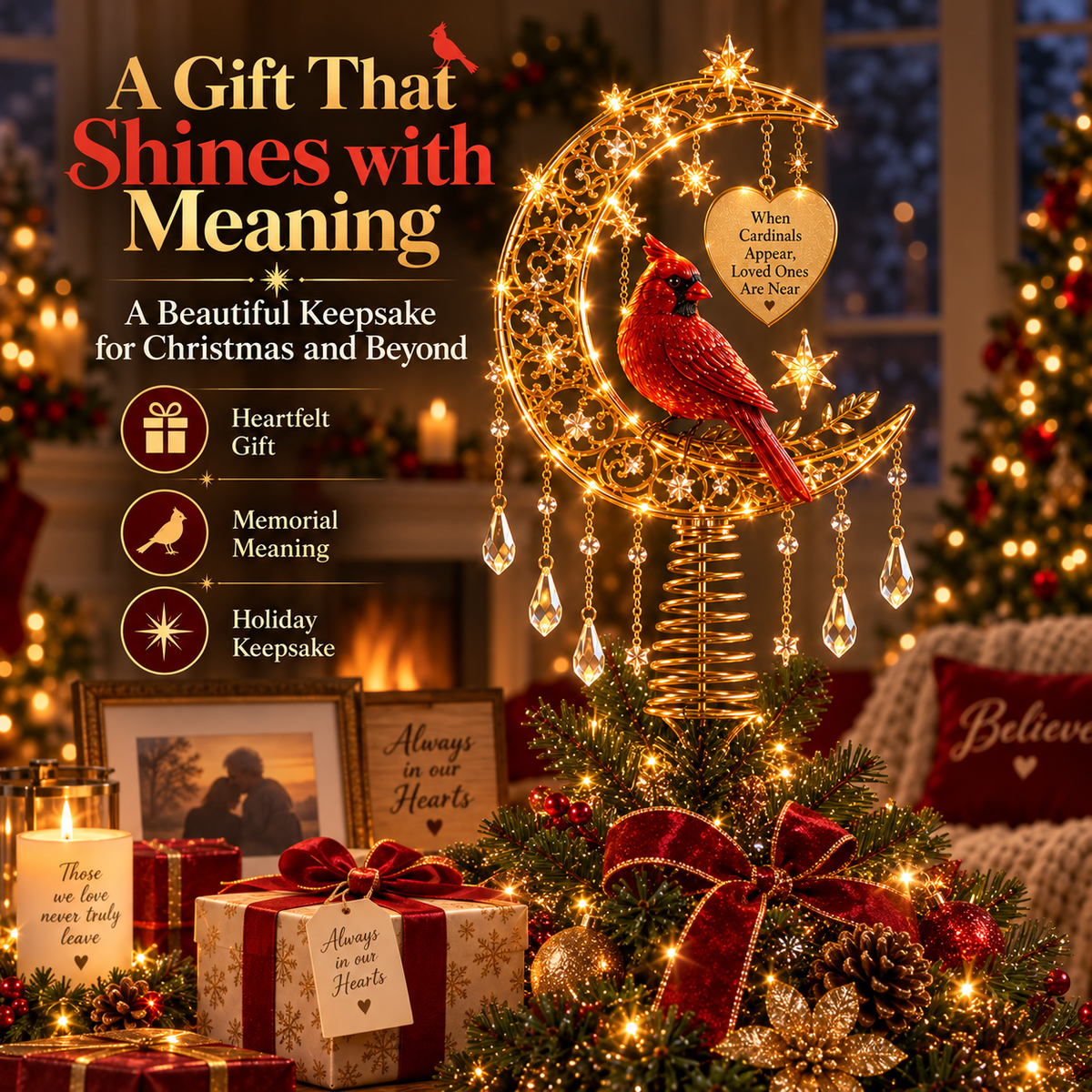 ❤️ Cardinal Heaven™ Lighted Memorial Christmas Tree Topper