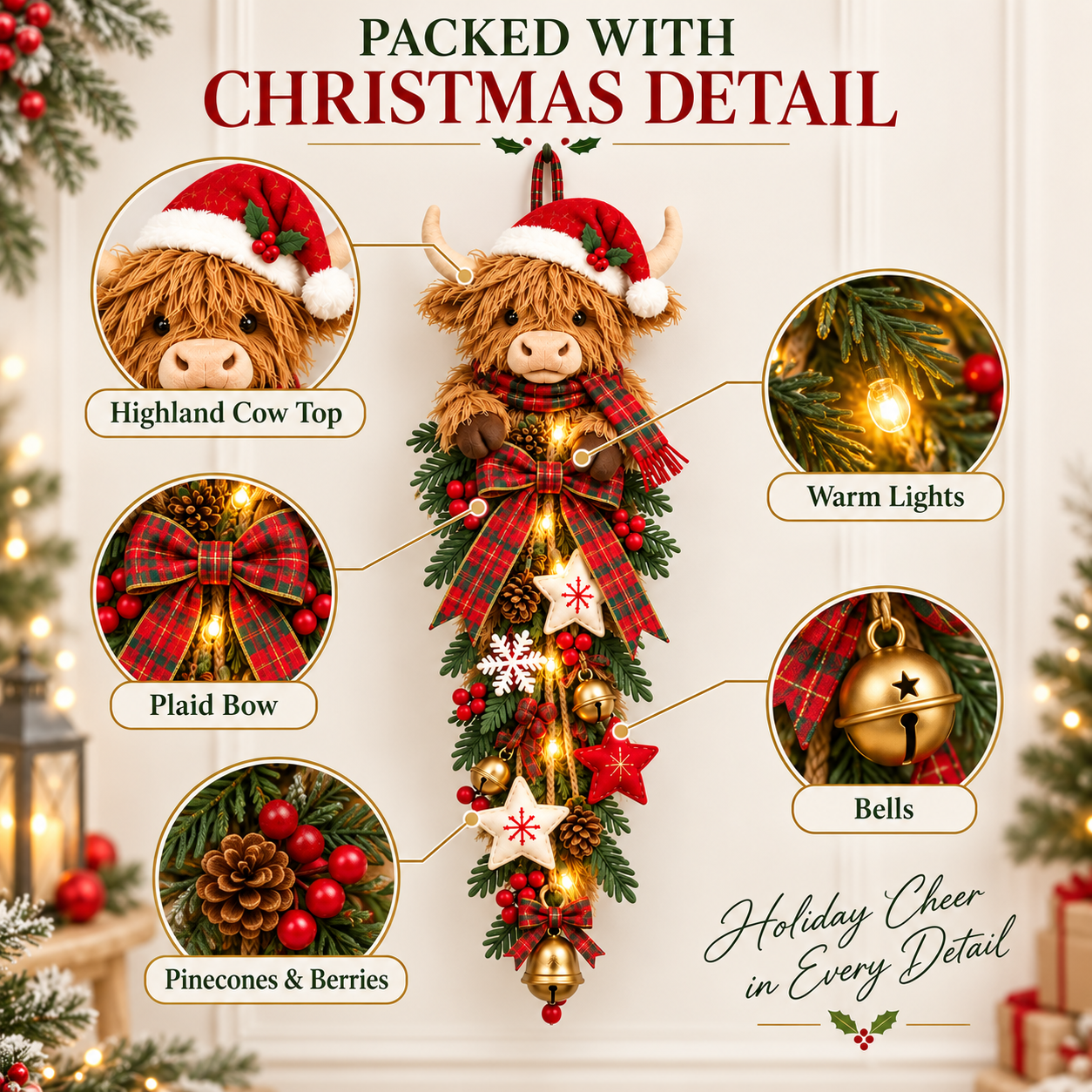 🎄 Lighted Highland Cow Christmas Door Swag – A Cozy Holiday Welcome