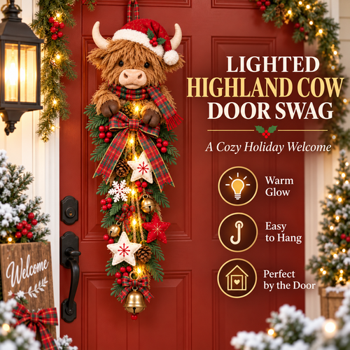🎄 Lighted Highland Cow Christmas Door Swag – A Cozy Holiday Welcome