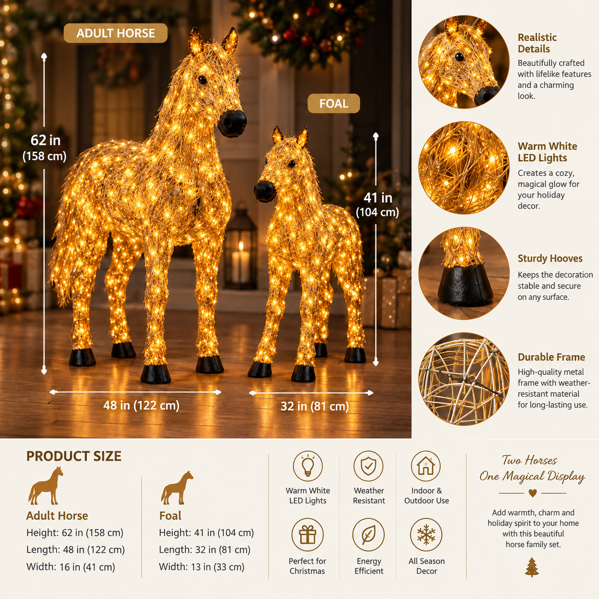 ✨🐎 Light-Up Christmas Horse & Foal Set – Warm White LED Holiday Display