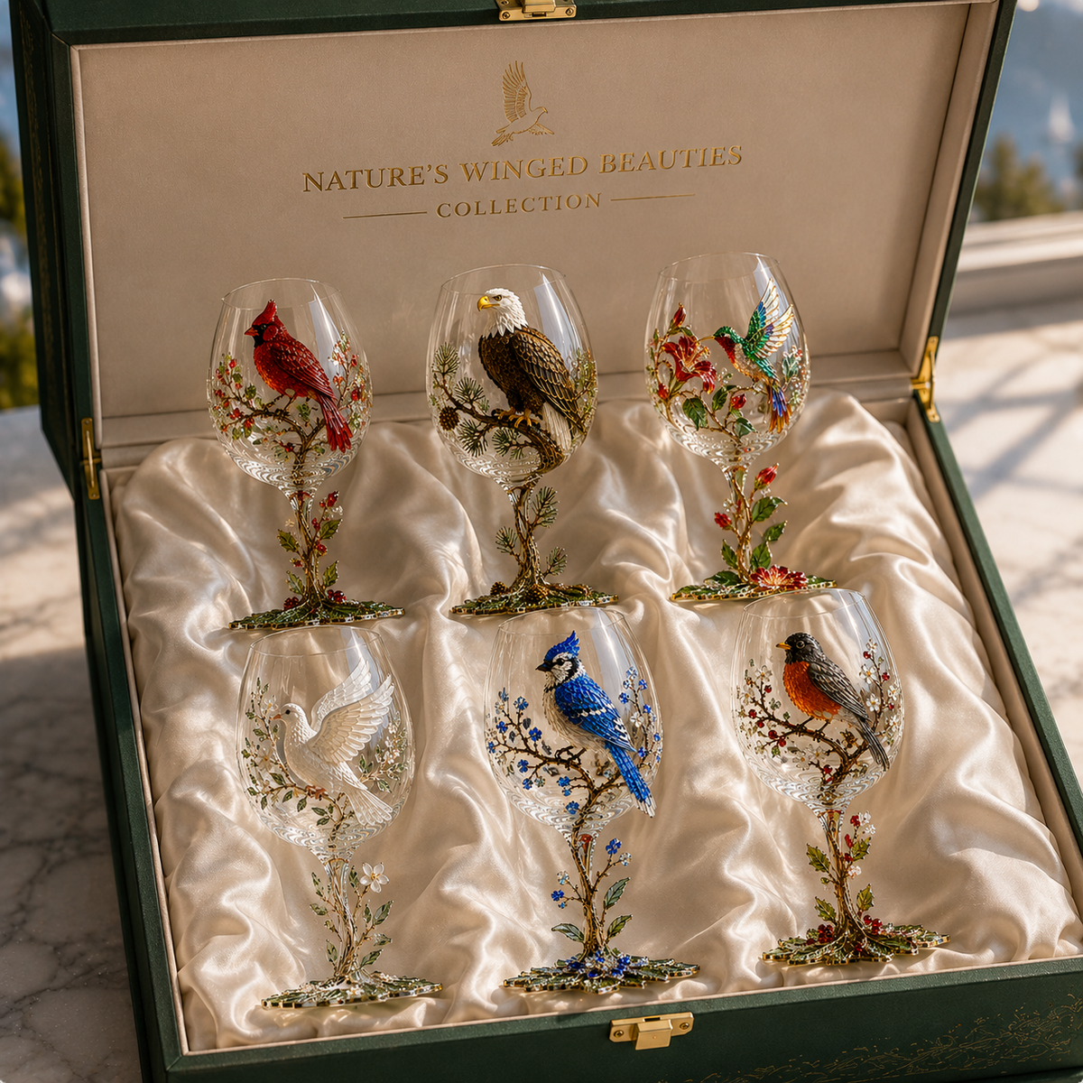 Six bird-inspired decorative wine glasses in gift box