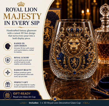 🦁👑 3D Royal Lion Glass Art Cup | Luxury Raised Whiskey Glass with Crowned Lion Design, Collectible Barware & Gift for Whiskey Lovers