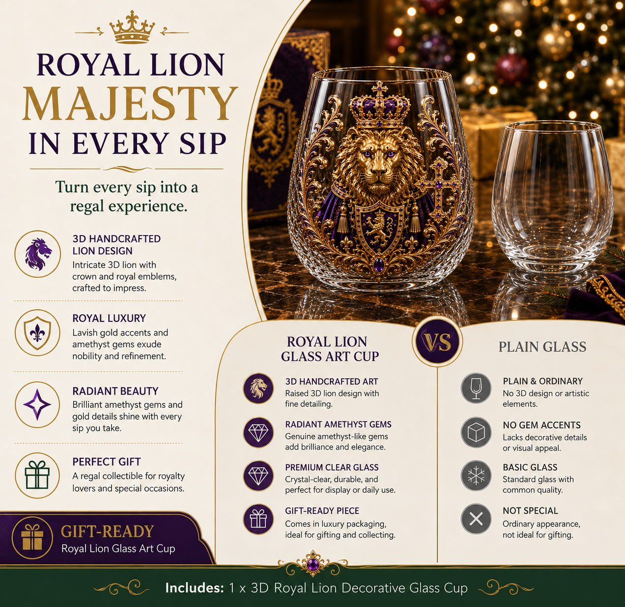 🦁👑 3D Royal Lion Glass Art Cup | Luxury Raised Whiskey Glass with Crowned Lion Design, Collectible Barware & Gift for Whiskey Lovers