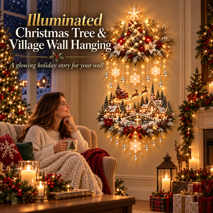 🎄 Glowing Christmas Tree & Village – Warm Light Wall Decor ✨