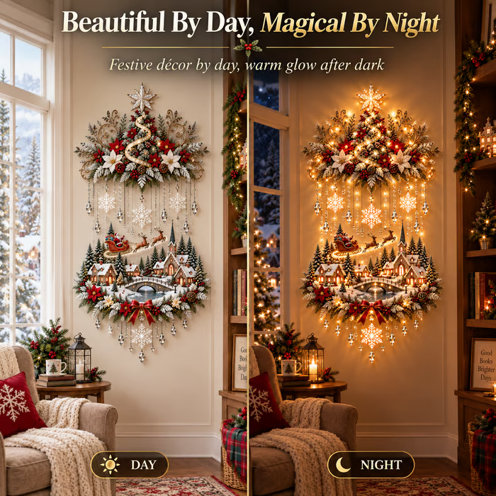 🎄 Glowing Christmas Tree & Village – Warm Light Wall Decor ✨