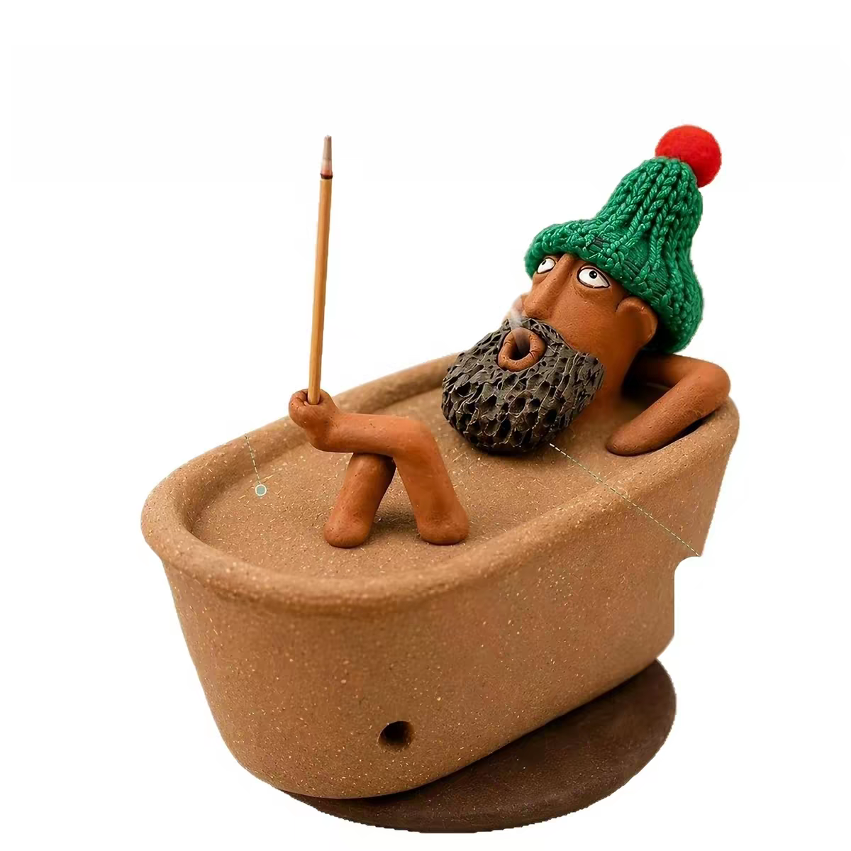 Whimsical bathtub incense burner with incense and rising smoke