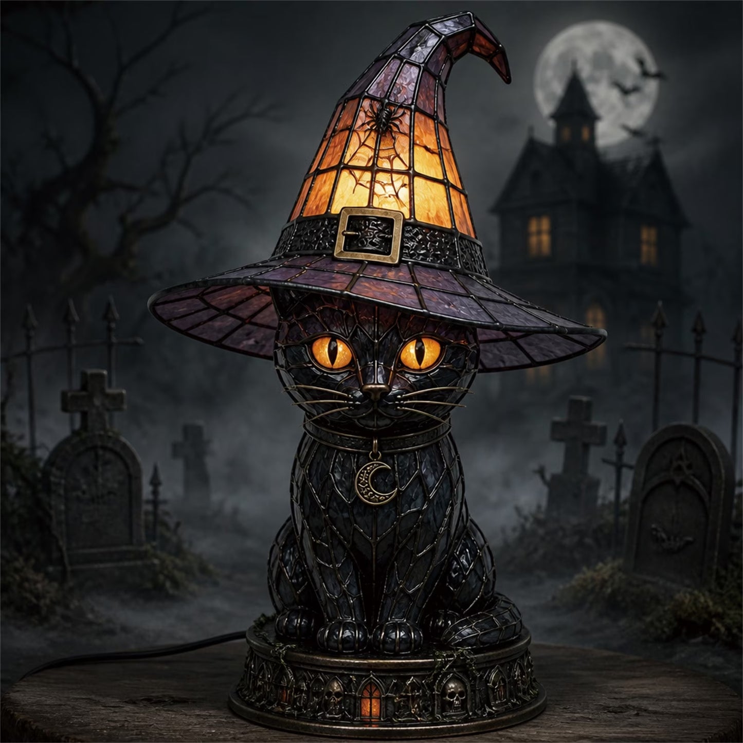 🐈 Gothic Stained Glass Witch Black Cat Table Lamp | Halloween Witch Hat Night Light Decor