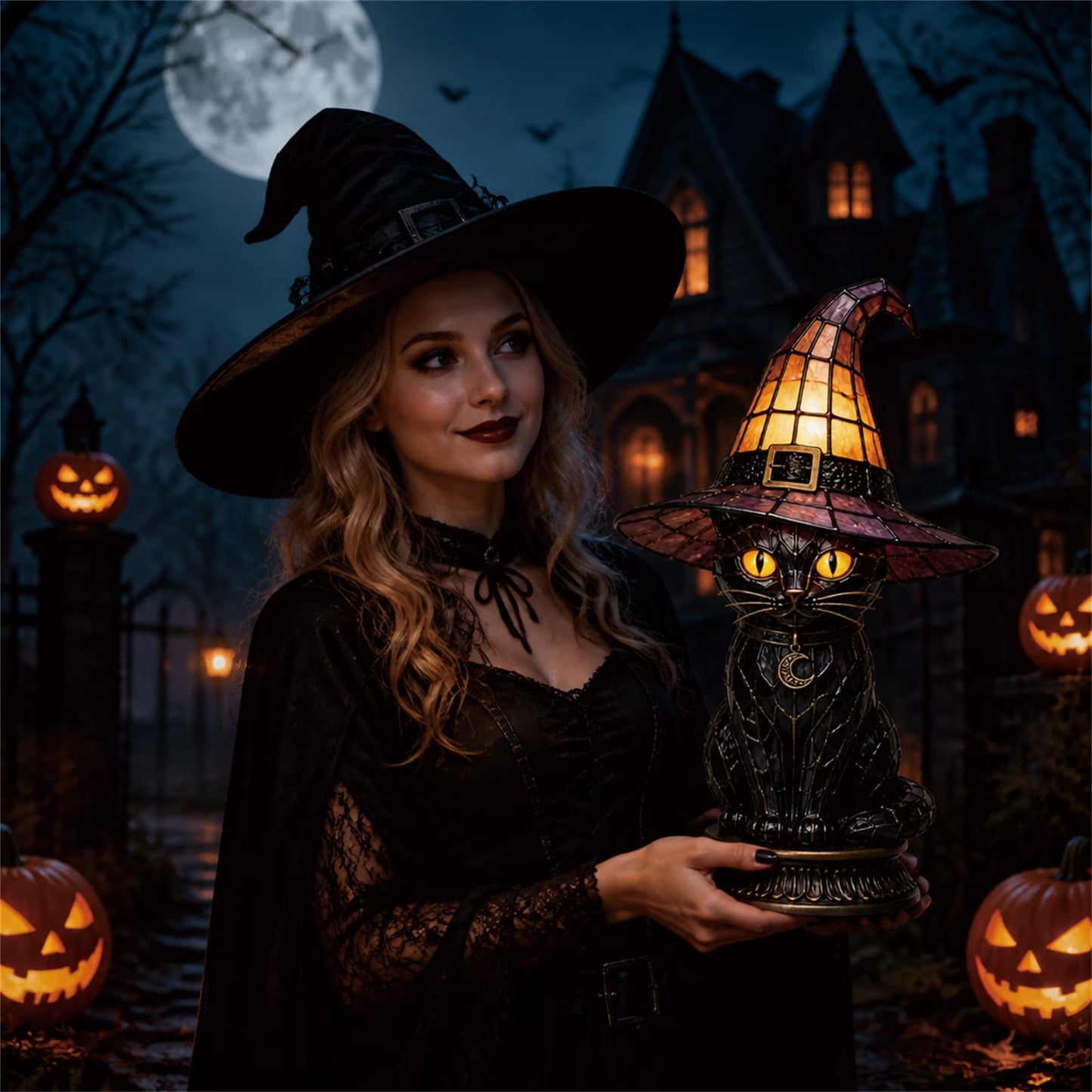 🐈 Gothic Stained Glass Witch Black Cat Table Lamp | Halloween Witch Hat Night Light Decor