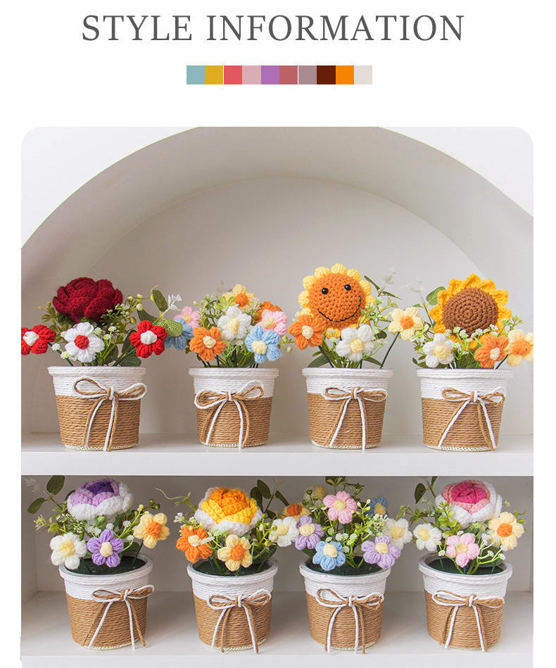 🌼 Arrangement Floral Tricoté Main – Décor de Bureau Éternellement Fleuri, Cadeau sans Eau pour Enseignant, Ami & Maison
