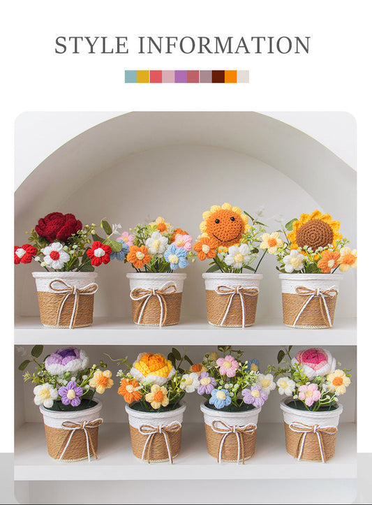 🌼Handmade Knitted Flower Arrangement – Forever Blooming Desk Decor, No-Water Gift for Teacher, Friend & Home