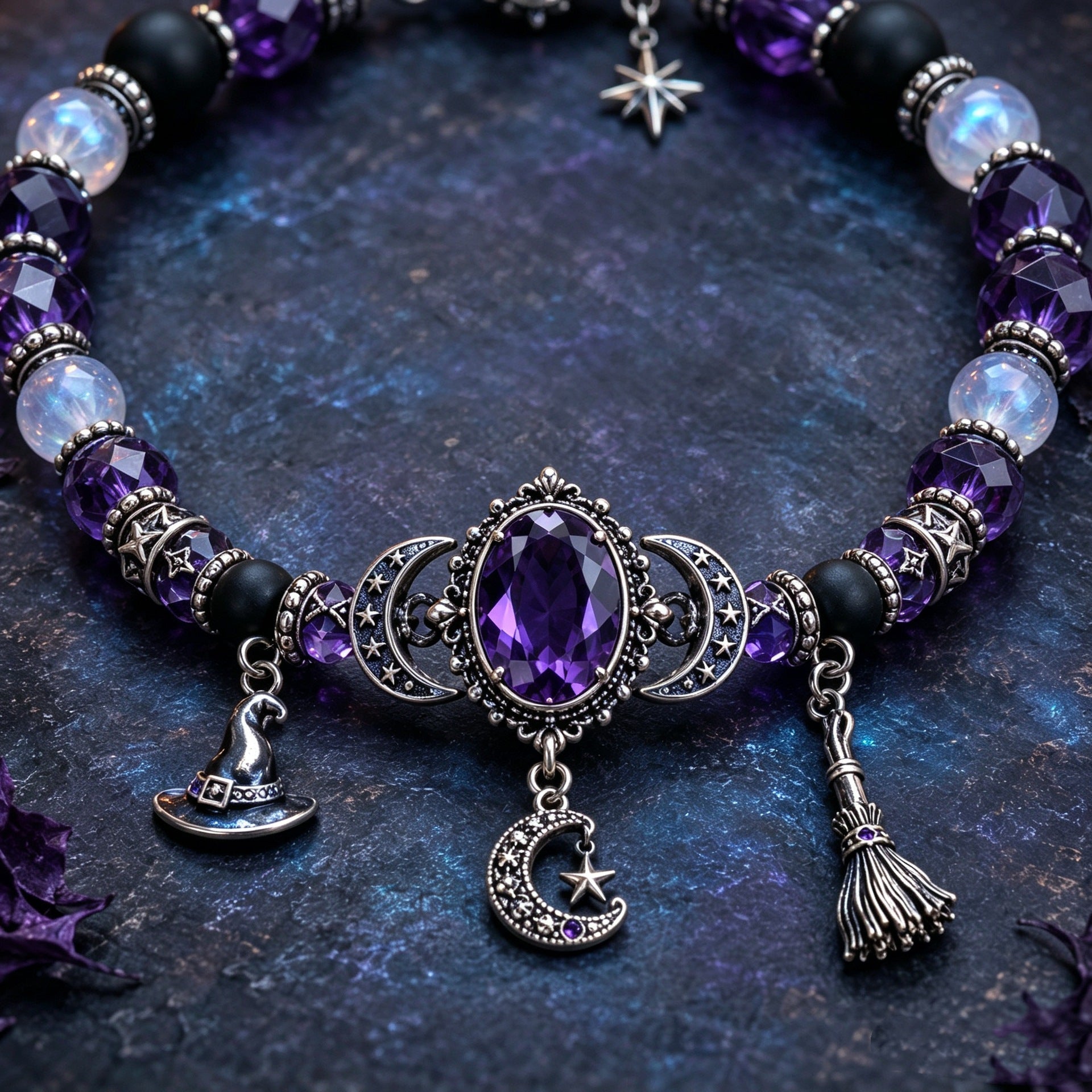 🔮 Witch’s Crystal Moon Charm Bracelet