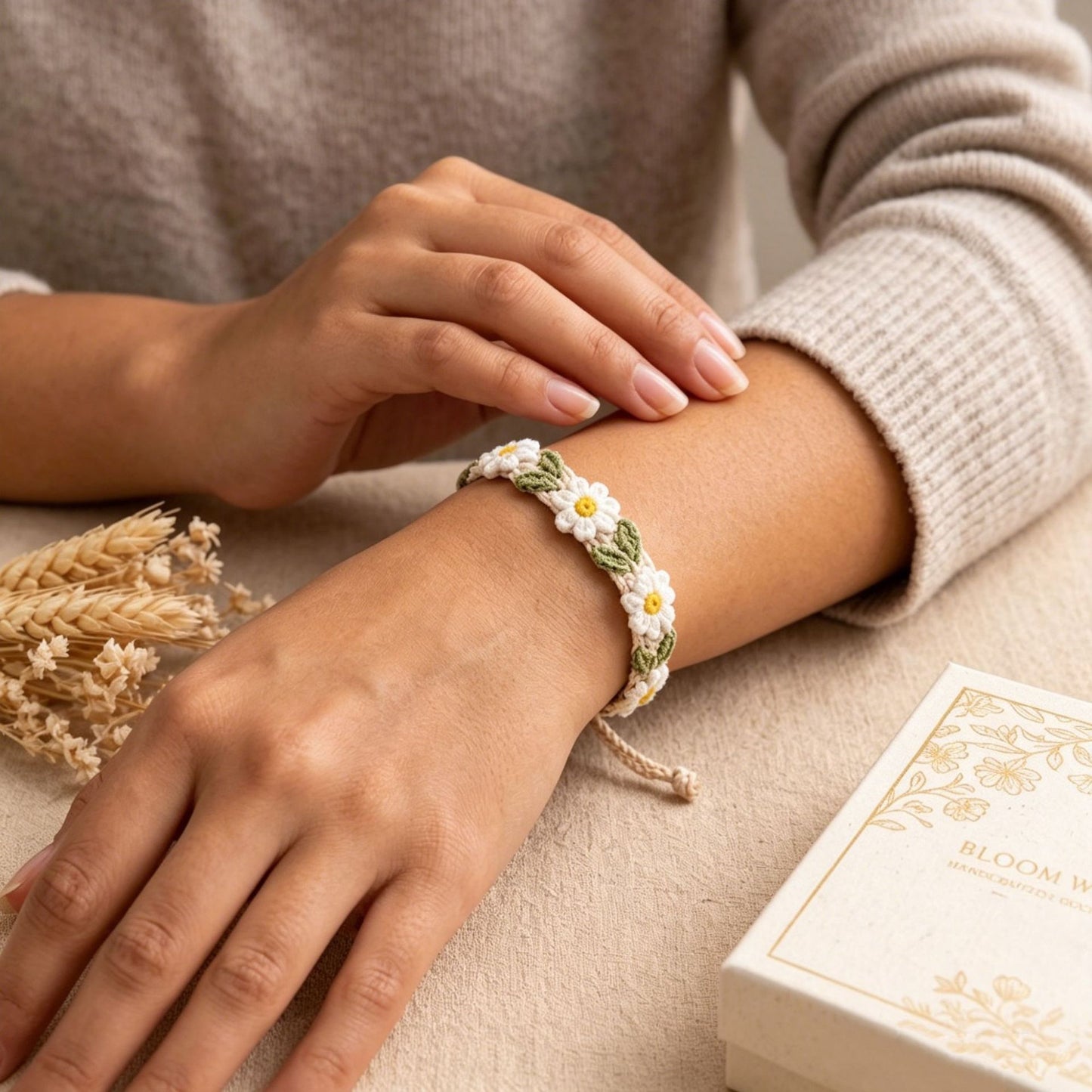 🔥Day Sale 30% OFF🔥 Handmade Crochet Flower Bracelet – Gold Beads, Boho Vibe, Everyday Elegance